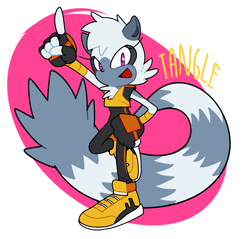 Size: 4500x4294 | Tagged: safe, artist:aandygp, tangle the lemur, 2018, abstract background, character name, hand on hip, looking at viewer, pointing, smile, solo, standing on one leg