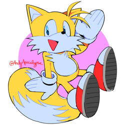 Size: 5092x5092 | Tagged: safe, artist:aandygp, miles "tails" prower, 2019, abstract background, cute, flying, looking offscreen, mouth open, signature, smile, spinning tails, tailabetes, waving