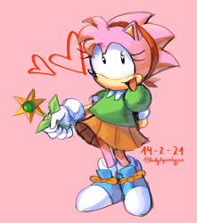 Size: 1851x2094 | Tagged: safe, artist:aandygp, amy rose, 2021, classic amy, flower, hands behind back, heart, holding something, looking offscreen, mouth open, pink background, signature, simple background, smile, solo, standing, sunflower