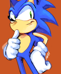 Size: 1000x1200 | Tagged: safe, artist:aandygp, sonic the hedgehog, 2021, looking offscreen, red background, signature, simple background, smile, solo, standing, thumbs up