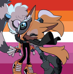 Size: 596x602 | Tagged: safe, artist:sth-lgbtq, editor:sth-lgbtq, tangle the lemur, whisper the wolf, duo, edit, eyes closed, hugging, icon, lesbian, lesbian pride, looking at them, pride, pride flag, pride flag background, shipping, standing, tangle x whisper