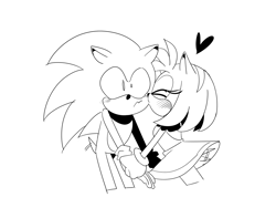 Size: 2000x1500 | Tagged: safe, artist:@weilg77_, amy rose, sonic the hedgehog, amy x sonic, black and white, blush, duo, gift art, greyscale, heart, kiss on cheek, monochrome, shipping, straight