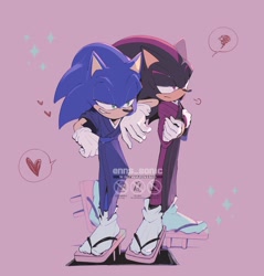 Size: 1954x2048 | Tagged: safe, artist:nns_sonic, shadow the hedgehog, sonic the hedgehog, duo, gay, heart, japanese clothes, pink background, shadow x sonic, shipping, yukata