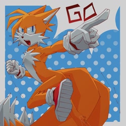 Size: 1024x1024 | Tagged: safe, artist:chechewi4ka, miles "tails" prower, 2023, abstract background, border, clenched fist, dialogue, english text, looking offscreen, pointing, running, solo, speech bubble