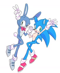 Size: 1612x1966 | Tagged: safe, artist:yaburekatapad, feels the rabbit, sonic the hedgehog, arm up, duo, holding hands, modern style, simple background, smile, v sign