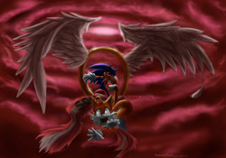 Size: 1600x1120 | Tagged: semi-grimdark, artist:fraeulein-absynth, miles "tails" prower, oc, oc:sonic.exe, 2013, abstract background, angel wings, black sclera, blood, crying, duo, feather, glowing eyes, grabbing tail, looking at viewer, looking offscreen, mouth open, ring, saliva, sharp teeth, signature, smile, tears, tears of fear, wings