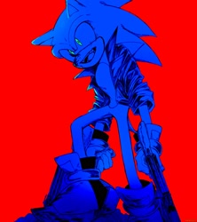 Size: 1822x2048 | Tagged: safe, artist:m3ri2310, sonic the hedgehog, alternate shoes, blood, blood on face, gun, holding something, jacket, monochrome, red background, shoe swap, simple background, solo, standing