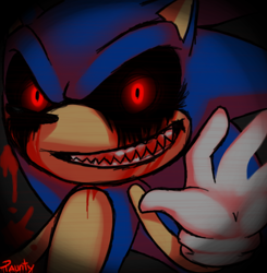 Size: 616x628 | Tagged: semi-grimdark, artist:murdx, oc, oc:sonic.exe, 2012, black background, black sclera, bleeding, bleeding from eyes, bleeding from mouth, blood, glowing eyes, looking at viewer, sharp teeth, signature, simple background, smile, solo