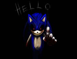 Size: 936x720 | Tagged: semi-grimdark, artist:usagipixels, sonic the hedgehog, oc, oc:sonic.exe, 2014, black background, bleeding, bleeding from eyes, blood, blood stain, broken glass, creepy, dialogue, english text, fourth wall break, glowing eyes, lineless, looking at viewer, nightmare fuel, sharp teeth, simple background, smile, solo, standing, talking to viewer, yellow teeth