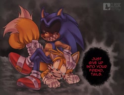 Size: 2048x1570 | Tagged: safe, artist:classicmariposazul, miles "tails" prower, shadow the hedgehog, sonic the hedgehog, oc, oc:sonic.exe, 2019, abstract background, all fours, black sclera, bleeding, bleeding from eyes, blood, crying, dialogue, duo, english text, grabbing tail, injured, looking at each other, scratch (injury), shrunken pupils, sitting, smile, tears, this will end in injury and/or death