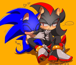 Size: 564x485 | Tagged: safe, artist:wa_lula, shadow the hedgehog, sonic the hedgehog, ..., 2024, blushing, cute, duo, eyes closed, gay, heart, holding them, hugging, hugging from behind, japanese text, mouth open, shadow (lighting), shadow x sonic, shadowbetes, shipping, signature, simple background, sitting, smile, sonabetes, sweatdrop, yellow background