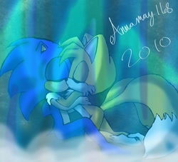 Size: 2048x1858 | Tagged: safe, artist:arcticcryptid, editor:sontailsreddit, miles "tails" prower, sonic the hedgehog, 2010, abstract background, barefoot, duo, edit, eyes closed, gay, gloves off, holding each other, kiss, paws, shipping, shoes off, signature, sonic x tails, upscaled, waterfall