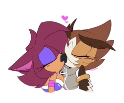 Size: 1736x1440 | Tagged: safe, artist:conniesky3, oc, oc:connie the hedgehog, oc:myrtle the bird, hedgehog, owl, 2022, bust, connie x myrtle, duo, eyes closed, floppy ears, heart, kiss, lesbian, oc x oc, shipping, signature, simple background, white background