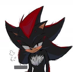 Size: 1543x1516 | Tagged: safe, artist:xmlzus, shadow the hedgehog, 2024, blushing, frown, lidded eyes, looking at viewer, messy hair, simple background, solo, standing, white background