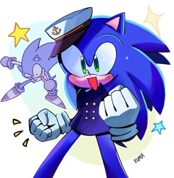 Size: 1000x1021 | Tagged: safe, artist:kumakumaoii, sonic the hedgehog, the murder of sonic the hedgehog, 2024, blushing, clenched fists, cute, mouth open, signature, smile, solo, sonabetes, standing, star (symbol)