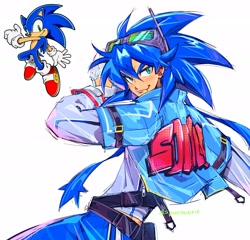 Size: 2048x1963 | Tagged: safe, artist:sparrowcrit, sonic the hedgehog, human, 2024, humanized, looking at viewer, one fang, reference inset, simple background, smile, solo, white background