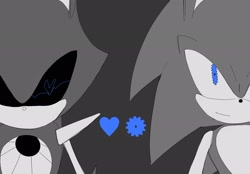 Size: 2048x1423 | Tagged: safe, artist:hi_sui01, metal sonic, sonic the hedgehog, alternate eye color, black sclera, blue eyes, cogwheel, duo, flat colors, gay, grey background, greyscale, heart, heart eyes, looking ahead, metonic, monochrome, robot, shipping, simple background, smile, two sides