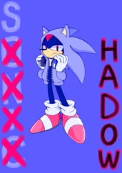 Size: 1240x1754 | Tagged: safe, artist:ayol_7, shadow the hedgehog, sonic the hedgehog, character name, cosplay, frown, headphones, hood up, jacket, purple background, simple background, solo