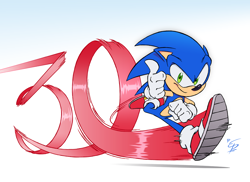 Size: 1500x1091 | Tagged: safe, artist:eltonpot, sonic the hedgehog, 2021, 30th anniversary, anniversary, looking at viewer, running, signature, simple background, smile, solo, thumbs up, white background