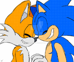 Size: 1280x1073 | Tagged: safe, artist:gayspudling, miles "tails" prower, sonic the hedgehog, 2024, cute, deviantart watermark, duo, eyes closed, gay, holding hands, obtrusive watermark, shipping, simple background, sketch, smile, sonic x tails, top surgery scars, trans boy sonic, trans male, transgender, watermark, white background