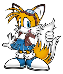 Size: 1280x1519 | Tagged: safe, artist:gayspudling, miles "tails" prower, 2024, alternate outfit, aviator jacket, blue shoes, clothes, cute, deviantart watermark, edit, eyelashes, goggles, holding tail, jacket, mouth open, obtrusive watermark, one fang, simple background, skirt, smile, solo, standing, trans female, trans girl tails, transgender, transparent background, uekawa style, watermark