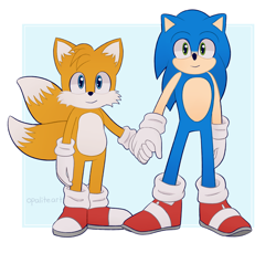 Size: 5414x4953 | Tagged: safe, artist:opalite-art, miles "tails" prower, sonic the hedgehog, sonic the hedgehog 2 (2022), 2020, duo, holding hands, looking offscreen, smile, standing