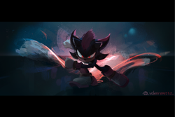 Size: 2048x1365 | Tagged: safe, artist:valenrepetto, shadow the hedgehog, sonic the hedgehog 3 (film), 2024, abstract background, border, frown, glowing eyes, looking at viewer, nighttime, outdoors, signature, skating, solo
