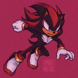 Size: 1696x1687 | Tagged: safe, artist:cannedmuffins, shadow the hedgehog, looking offscreen, mid-air, pink background, signature, simple background, smile, solo