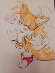 Size: 768x1024 | Tagged: safe, artist:sa2battle, miles "tails" prower, blushing, cute, dialogue, heart, implied gay, implied shipping, implied sonic, implied sontails, mouth open, smile, solo, speech bubble, standing, standing on one leg, tailabetes, traditional media, walking