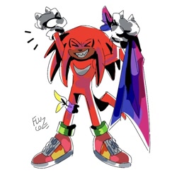 Size: 730x730 | Tagged: safe, artist:flucoze, knuckles the echidna, echidna, bisexual, bisexual pride, clenched fists, clenched teeth, cute, eyes closed, holding something, knucklebetes, leg band, nonbinary, nonbinary pride, pride, pride flag, sharp teeth, simple background, smile, solo, solo nonbinary, standing, white background