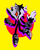 Size: 1024x1280 | Tagged: safe, artist:flucoze, infinite the jackal, abstract background, eyestrain, infinite's mask, looking offscreen, phantom ruby, signature, solo, standing on one leg, yellow background