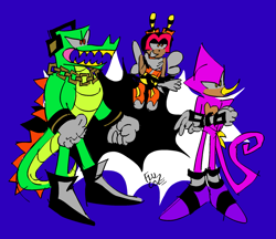 Size: 1919x1656 | Tagged: safe, artist:flucoze, charmy bee, espio the chameleon, vector the crocodile, bee, crocodile, abstract background, arms folded, chameleon, flying, looking offscreen, mouth open, signature, smile, standing, team chaotix