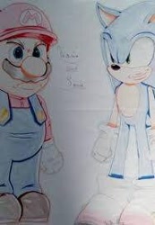 Size: 187x270 | Tagged: safe, artist:noooonswing, sonic the hedgehog, hedgehog, human, male, mario, traditional media