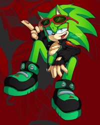 Size: 960x1200 | Tagged: artist needed, safe, scourge the hedgehog, hedgehog, blue eyes, fingerless gloves, glasses, glasses on head, gloves, green fur, jacket, male, scars, sharp teeth, shoes, sunglasses