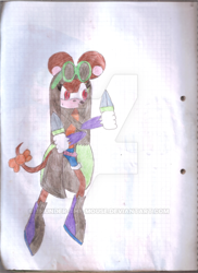 Size: 400x550 | Tagged: safe, artist:thunder-the-mouse, oc, oc:thunder dark the hedgemouse, mouse, belt, boots, brown fur, female, fingerless gloves, glasses, glasses on head, jacket, red eyes, shirt, shorts, sunglasses, traditional media