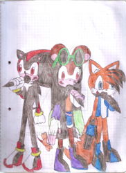 Size: 400x550 | Tagged: safe, artist:thunder-the-mouse, miles "tails" prower, shadow the hedgehog, oc, oc:thunder dark the hedgemouse, microphone, traditional media