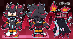 Size: 1226x652 | Tagged: safe, artist:ketlike, shadow the hedgehog, hedgehog, black fur, jacket, male, red eyes, red fur, shoes