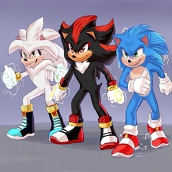 Size: 736x736 | Tagged: safe, artist:solar socks, shadow the hedgehog, silver the hedgehog, sonic the hedgehog, hedgehog, electricity, male, movie style, trio