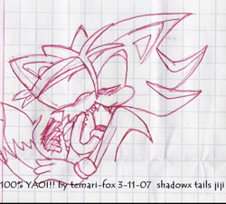 Size: 764x688 | Tagged: safe, artist:temari-fox, miles "tails" prower, shadow the hedgehog, 2007, bandage, blushing, cute, duo, eyes closed, gay, holding each other, kiss, line art, shadow x tails, shipping, signature, sketch, traditional media