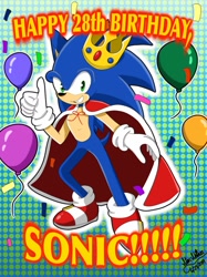 Size: 1280x1707 | Tagged: safe, artist:star-shiner, sonic the hedgehog, hedgehog, balloon, birthday, crown, english text, male