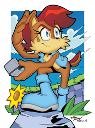 Size: 1492x1992 | Tagged: safe, artist:mobianmonster, artist:tracy yardley, nicole the handheld, sally acorn, holding something