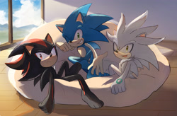 Size: 3575x2350 | Tagged: safe, artist:cyan_altar, shadow the hedgehog, silver the hedgehog, sonic the hedgehog, hedgehog, barefoot, chest fluff, four toes, gay, gloves off, green eyes, looking at viewer, males only, one eye closed, paws, polyamory, red eyes, smile, sonadilver, trio, trio male, wink, yellow eyes