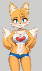 Size: 1280x2146 | Tagged: suggestive, artist:tharrorart, miles "tails" prower, 2024, aged up, blushing, breasts, cleavage, crop top, deviantart watermark, gender swap, gloves off, grey background, hands on hips, lidded eyes, obtrusive watermark, older, short shorts, shorts, simple background, smile, standing, watermark