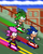 Size: 806x1000 | Tagged: safe, artist:supermurrio, manik the hedgehog, sonia the hedgehog, sonic the hedgehog, sonic underground, abstract background, siblings, skateboard, trio