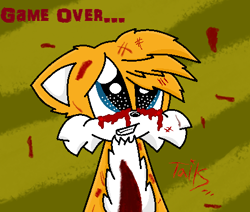 Size: 443x375 | Tagged: semi-grimdark, artist:glitchydoggosnoopy, miles "tails" prower, 2016, abuse, bleeding, bleeding from eyes, blood, clenched teeth, english text, grass, imminent death, injured, looking offscreen, lying down, scratch (injury), solo