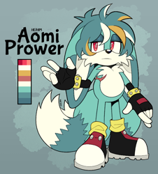 Size: 614x678 | Tagged: safe, artist:vershl, oc, oc:aomi prower, 2024, abstract background, blue fur, character name, fankid, fennec, frown, gloves, lidded eyes, looking offscreen, magical gay spawn, oc only, parent:kit, parent:tails, parents:kittails, pronouns, red eyes, shoes, signature, socks, solo, standing, top surgery scars, trans male, transgender, white fur