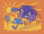 Size: 3856x2948 | Tagged: safe, artist:cowinf, chip, sonic the hedgehog, 2024, abstract background, city, cityscape, endless possibility (song), male, orange background, reaching towards the viewer, song name, sonic the werehog, sun, were form, werehog