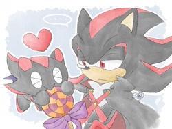 Size: 1446x1084 | Tagged: safe, artist:aogane_enagoa, shadow the hedgehog, chao, ..., candy, cape, duo, eating, food, halloween, halloween outfit, heart, lidded eyes, lollipop, looking at them, shadow chao