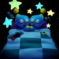 Size: 2048x2048 | Tagged: safe, artist:squidlydoodles, chao, 3d, bed, blender (medium), duo, handheld game, neutral chao, nintendo switch, sleeping, star (symbol), video game console, zzz