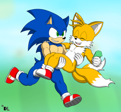 Size: 1340x1244 | Tagged: safe, artist:doomlazy27, miles "tails" prower, sonic the hedgehog, 2024, carrying them, daytime, duo, food, gay, gradient background, holding each other, holding something, ice cream, looking ahead, looking offscreen, outdoors, running, shipping, signature, smile, sonic x tails